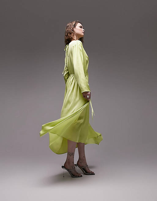 Femme Robes de bal de promo | Topshop - Robe de cocktail mi-longue à manches longues avec détail froncé - Citron vert - CHZ1395